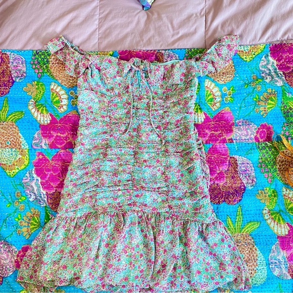 NWOT ASTR The Label Blue Floral Ruched Sweetheart Mini Dress - Picture 4 of 14